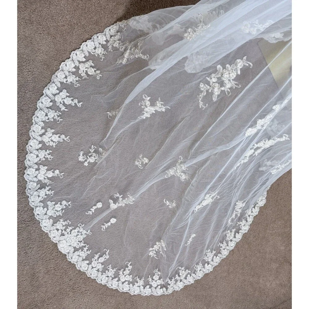 Vintage Ivory Bridal Robe Embroidered Tulle Beaded Pearl Long Train Wedding